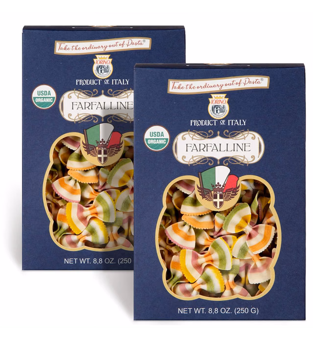 Real Torino Organic Italian Bowtie Pasta (Farfalline, 2-Pack) | Fancy Rainbow Pasta Noodles - Handmade and Imported from Italy | All natural - Colored from Vegetables - 8.8 oz per box