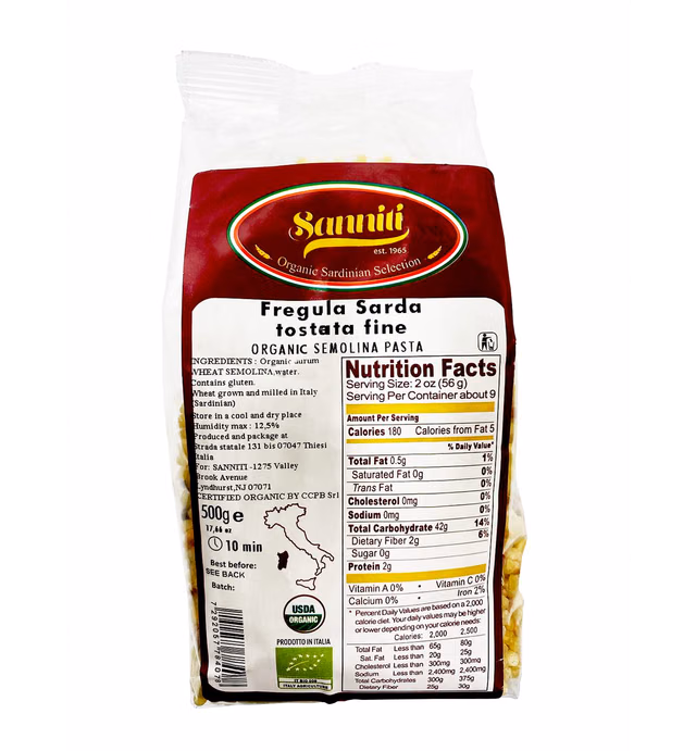 Sanniti Organic Toasted Fregola Sarda FIne Semolina Pasta Fregula Tostata Fina, 17.6 oz