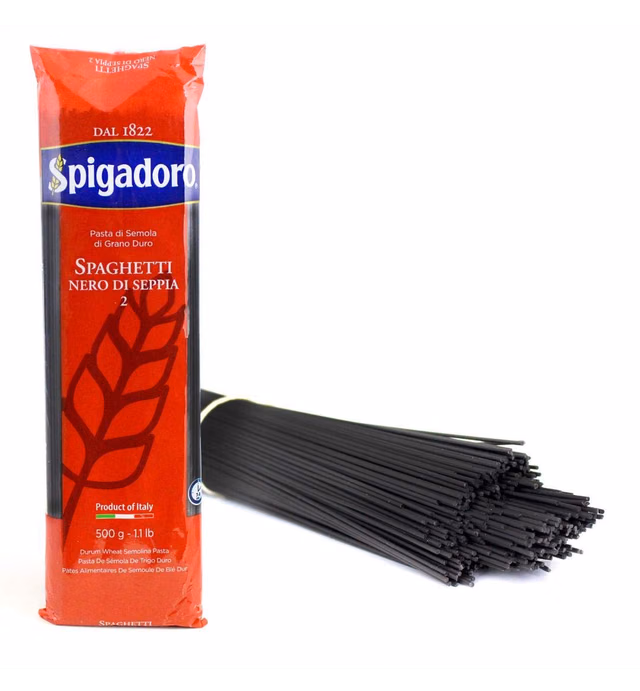 Spigadoro Squid Ink Spaghetti Pasta - Durum Wheat Semolina - Nero Di Seppia 1.1lb - Made in Italy (6 Pack)