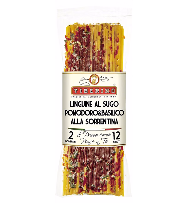 Tiberino's Real Italian Meals - Linguine Sorrento Tomato & Basil, 100% Natural, No Straining Required, 8.8oz, Imported from Italy, Vegan-Friendly. Perfect for Quick & Easy Gourmet Pasta