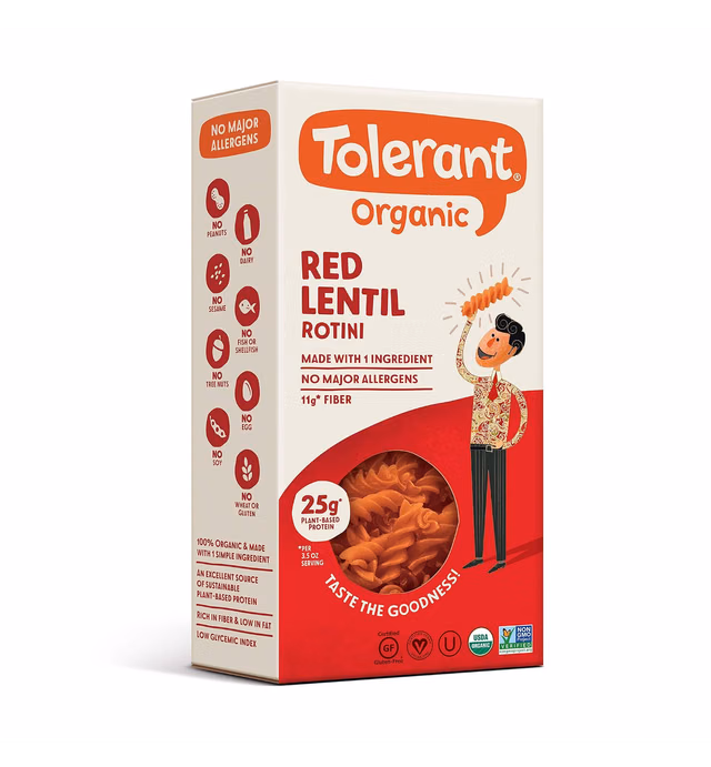 Tolerant Organic Red Lentil Rotini Pasta (8 oz) - Free from Allergens - Gluten Free, Vegan, Paleo, Plant Based Protein Pasta - Non GMO, Kosher - Made with 1 Single Ingredient