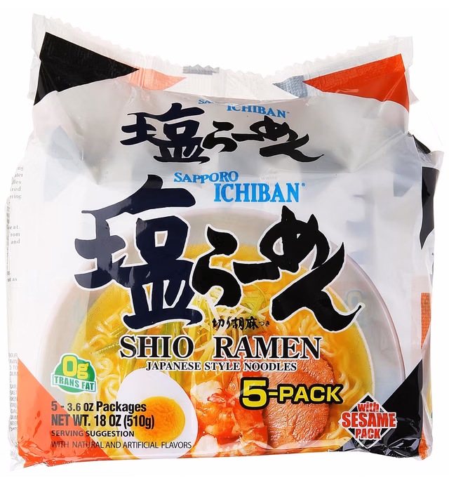 Sapporo Ichiban Instant Bag Shio Ramen Noodles, 3.6 Ounce, (Pack of 5)