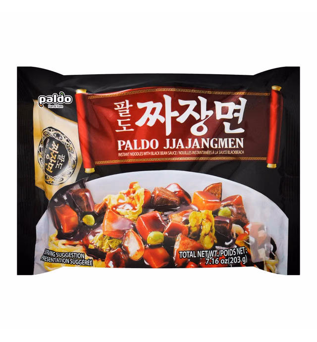 Paldo Fun & Yum Jjajangmen Instant Noodles, Pack of 4, Brothless Chajang Ramen with Savory & Sweet Black Bean Sauce, Oriental Style Korean Ramyun, Soupless K-Food, 203g x 4