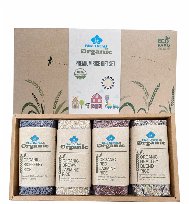 Organic Thai Jasmine Rice Gift Set - Medley Rice 4 Kinds - Brown Jasmine - Red Jasmine - Black Jasmine Riceberry - Mixed Jasmine Rice - 2 LB Eco Gift Set