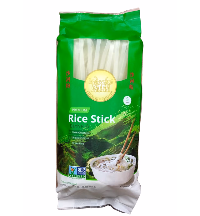 Four Elephants Premium Rice Stick Noodle Non-GMO Verified Pack of 3 (5MM) for Pad Thai or Pho Noodles