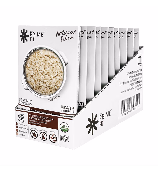 Prime Fit Series Steamed Organic Thai Brown Jasmine Rice, Natural Fiber, USDA Organic, Non-GMO, Gluten Free, No Chemical, Vegan - 10 Pack