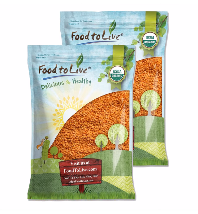 Organic Red Split Lentils, 20 Pounds – Non-GMO, Masoor Dal, Dried, Vegan, Kosher, Bulk. No Soaking Required. Good Source of Dietary Fiber, Vitamin B, Protein. Perfect for Soups, Dahl, Spicy Curries.