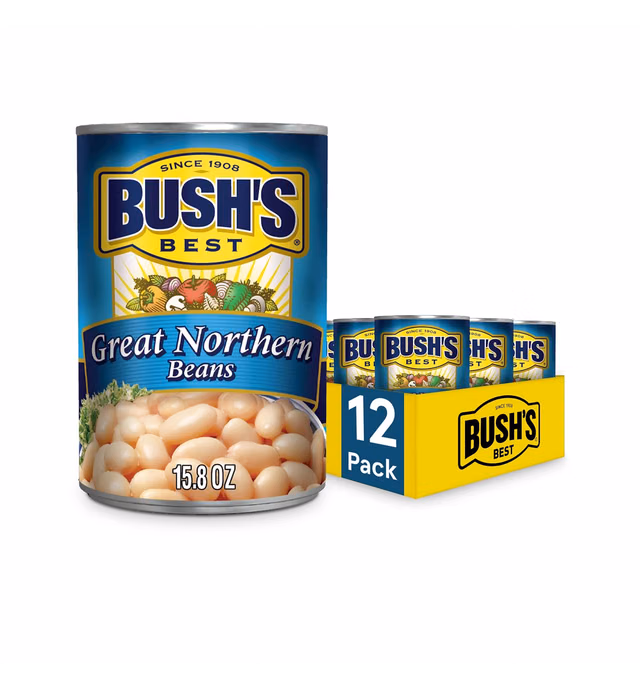 BUSH'S BEST Canned Great Northern Beans (Pack of 12), Source of Plant Based Protein and Fiber, Low Fat, Gluten Free, 15.8 oz