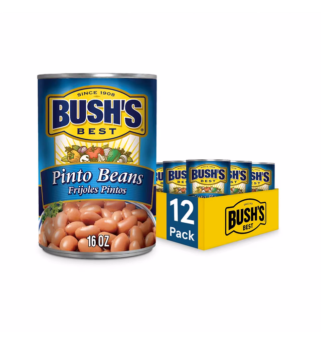BUSH'S BEST Canned Pinto Beans (Pack of 12), Source of Plant Based Protein and Fiber, Low Fat, Gluten Free, Great For Soups, Salads and More, 16 oz