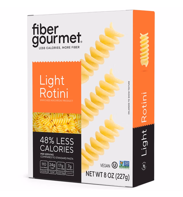 Fiber Gourmet Light Rotini Pasta, Low Calorie & Fiber-Rich Pasta, Made in Italy, Non-GMO, Kosher, Vegan, Zero Artificial Colors or Flavoring, 8 Oz, Pack of 2