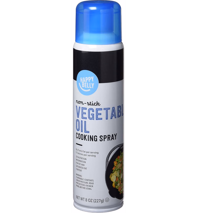 Amazon Brand - Happy Belly Non Stick Vegetable Oil Cooking Spray (Contains Soybean Oil, Soy Lecithin, Dimethyl Silicone, Propellent), 8 Oz
