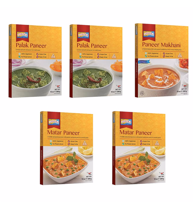 Ashoka Ready to Eat Indian Meals Since 1932, 100% Vegetarian Cheese Entrees Variety Pack, All-Natural Indian Food, Plant-Based, Gluten-Free, and with No Preservatives, 10 Ounce (Pack of 5)