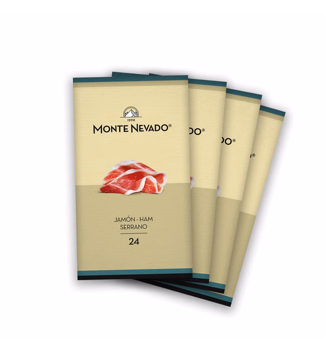 Monte Nevado Serrano Ham Sliced - 3 oz Each, Pack of 4 Units - 24 Months Avg Curing Time - Authentic Jamon Serrano - Great Gift or Special Occasion Snack