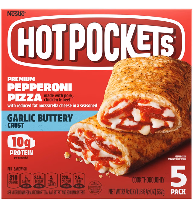 Hot Pockets Pepperoni Pizza Garlic Buttery Crust Frozen Snacks, Pizza Snacks Made with Mozzarella Cheese, 22.5 Oz, 15 Count Frozen Sandwiches