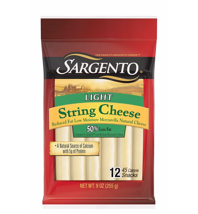 Sargento Reduced Fat Low Moisture Part-Skim Mozzarella Natural Cheese Light String Cheese Snacks, 12-Count