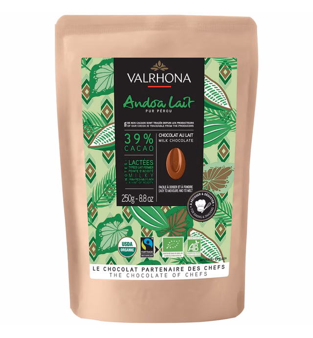 Valrhona Premium French Baking Milk Chocolate Discs (Feves). ANDOA 39% cacao. Organic, Fair Trade, Easy Melt, Easy to chop, Creamy, Balanced. For Sauces, Mousses, Frostings, Desserts 250g (Pack of 1)