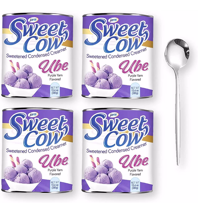 Sweet Cow Ube Purple Yam Sweetened Condensed Milk Creamer by Jans 13.4 Oz 4-Pack with Stainless Steel Mini Sauce Spoon