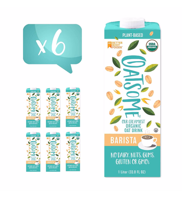 Oatsome Organic Oat Milk - Barista Blend, (Pack of 6), Dairy-Free, Gluten-Free, 202.8 Fl Oz