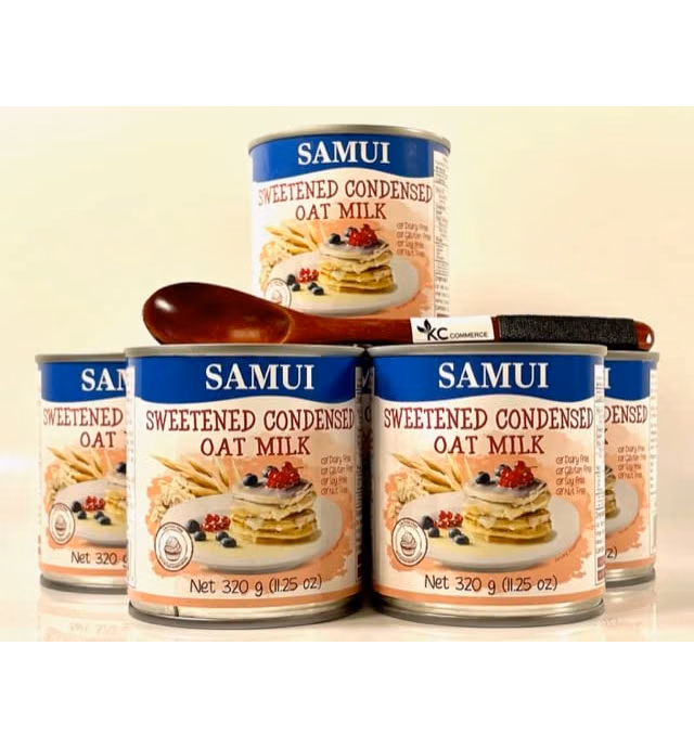 Samui Sweetened Condensed Oat Milk Dairy FREE, Gluten FREE, Soy FREE, Nut FREEE, Lactose FREE Product of THAILAND. 11.25oz Combo With FREE KC Commerce Wooden Spoon. (6)