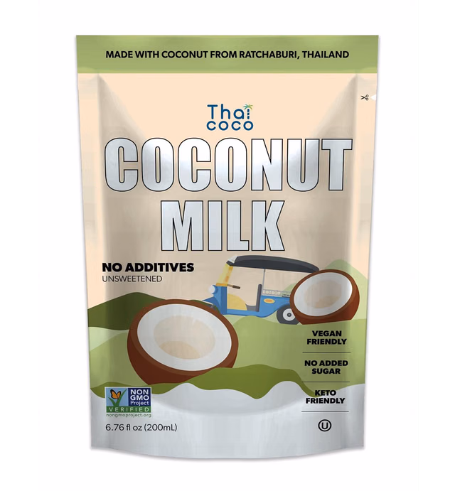 Thai Coco Coconut Milk Pouches - Full Fat Coconut Milk Unsweetened - No Guar Gum - Dairy Alternative - Non GMO Project Verified - 6 Pouches of 6.76 fl. oz. Plus 1 Coconut Milk Pouch with Pulp