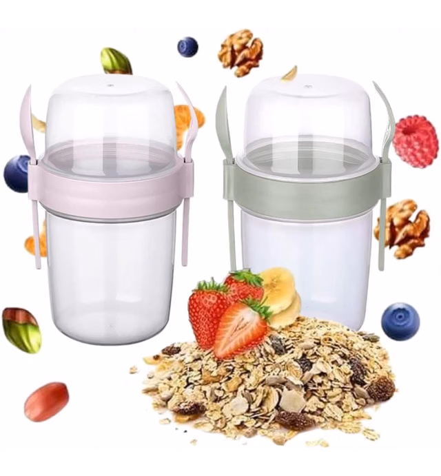 EYNEL 2 Pack On The Go 22 oz Breakfast Cups with Lids and Spoon, Reusable Cereal Yogurt Cup with Topping Plastic Milk Jar Overnight Oats Container for Granola Oatmeal To Take Along (22 oz - Green Pink- 2 Pack)