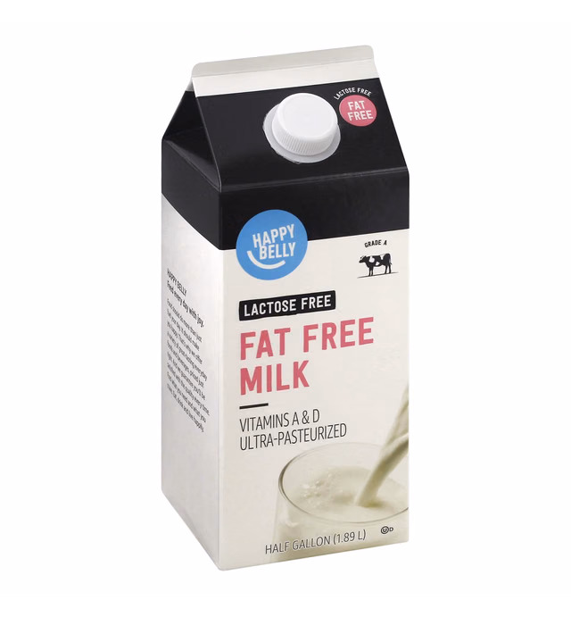 Amazon Brand - Happy Belly Fat Free Milk, Lactose Free, Ultra-Pasteurized, Kosher, Half Gallon, 64 Fl. Oz
