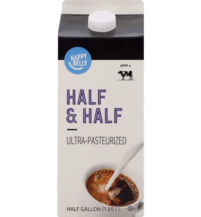 Amazon Brand - Happy Belly Half & Half, Ultra-Pasteurized, Kosher, Half Gallon, 64 fl oz