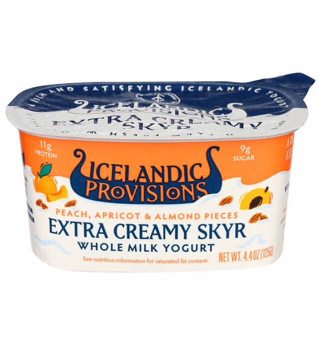 Icelandic Provisions 4.4oz Extra Creamy Skyr Yogurt, Peach & Apricot with Almonds, Icelandic Cultured Dairy Product With 11g Protein Per Serving | More Protein & Less Sugar Than Yogurt