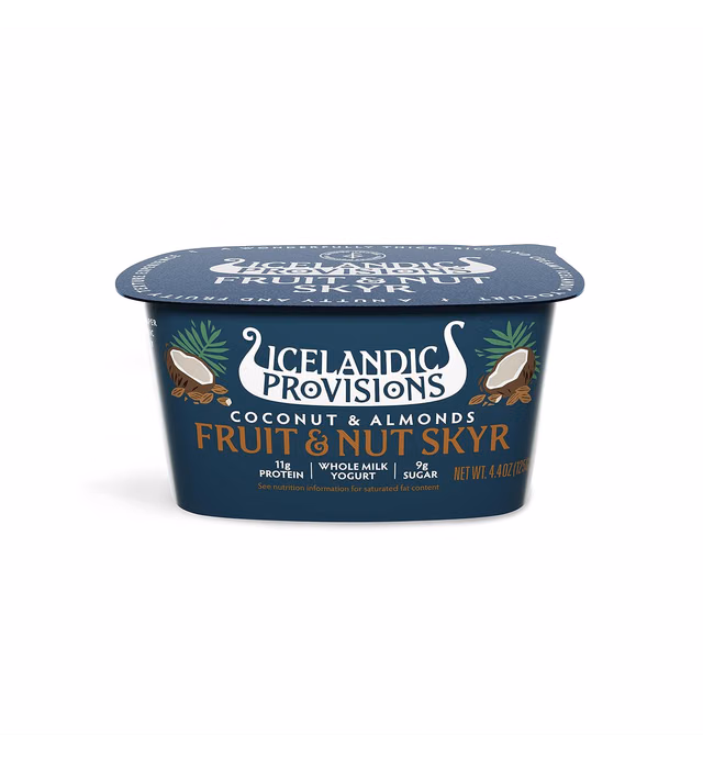 Icelandic Provisions 4.4oz Fruit & Nut Skyr Yogurt, Coconut & Almonds, Icelandic Cultured Dairy Product With 11g Protein Per Serving | More Protein & Less Sugar Than Yogurt