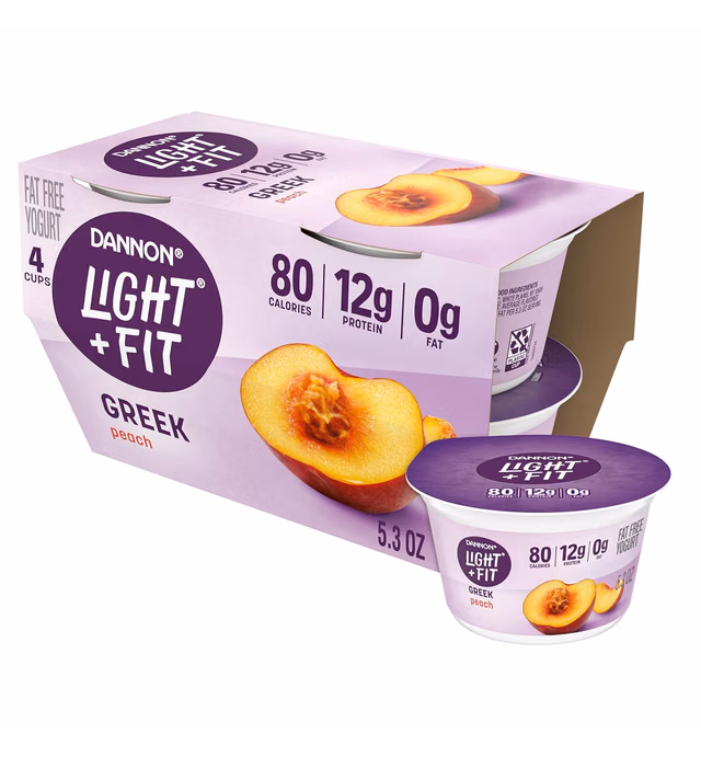 Dannon Light + Fit Greek Peach Fat Free Yogurt, Creamy and Delicious Gluten Free Yogurt, 4 Ct, 5.3 OZ Yogurt Cups (Packaging May Vary)