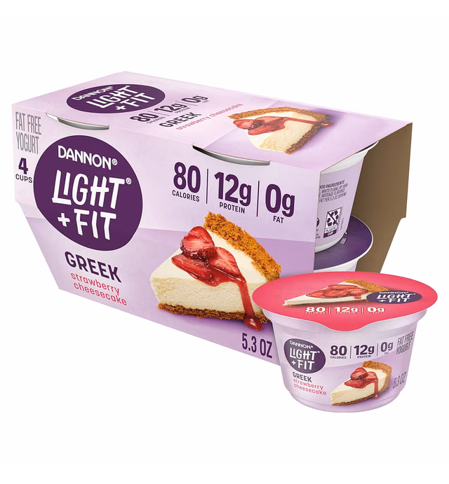 Dannon Light + Fit Greek Strawberry Cheesecake Fat Free Yogurt, Creamy and Delicious Gluten Free Yogurt, 4 Ct, 5.3 OZ Yogurt Cups (Packaging May Vary)