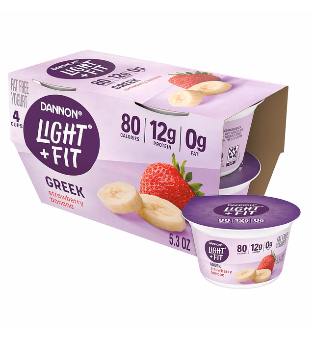 Dannon Light + Fit Strawberry Banana Greek Fat Free Yogurt, Creamy and Delicious Gluten Free Yogurt, 4 Ct, 5.3 OZ Yogurt Cups (Packaging May Vary)