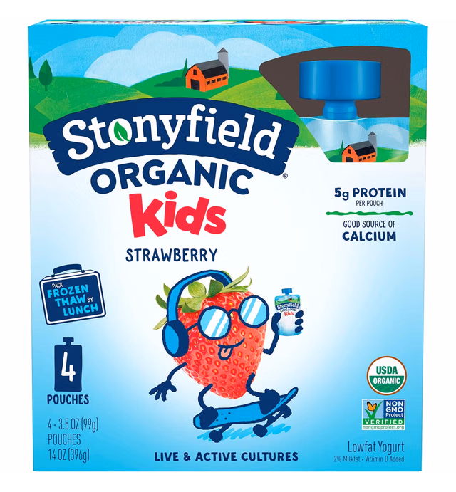 Stonyfield Organic, Kids Lowfat Yogurt Pouches 3.5 oz. Each Ct – Includes Live Active Cultures, Strawberry, 14 Ounce, (Pack of 4)