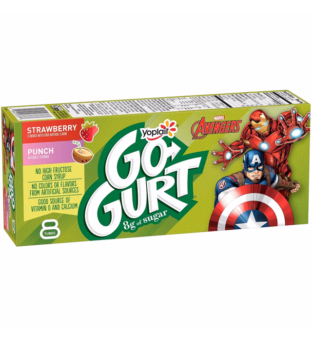 Go-GURT Marvel Strawberry and Punch Kids Fat Free Yogurt Variety Pack, Gluten Free, 2 oz. Yogurt Tubes (8 Count)