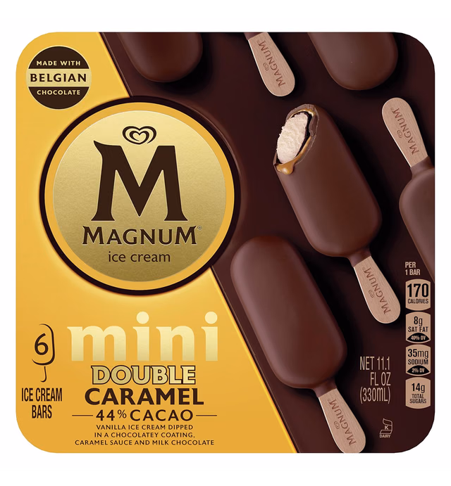 Magnum Mini Ice Cream Bars for an Indulgent Frozen Dessert Double Caramel Ice Cream Made with Belgian Chocolate, 44% Cacao 11.1 oz 6 Count