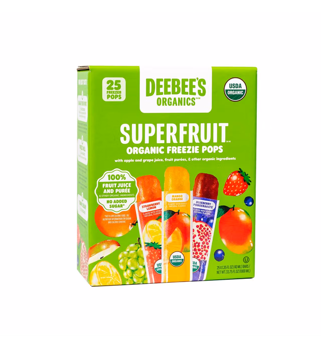 DeeBee's Organics Classic SuperFruit Freezie Pops, No Added Sugars, No Artificial Flavors or Colors Freezer Pops (Pack of 25)