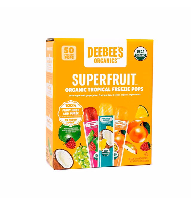 DeeBee's Organics Tropical SuperFruit Freezie Pops, No Added Sugars, No Artificial Flavors or Colors (Pack of 50)