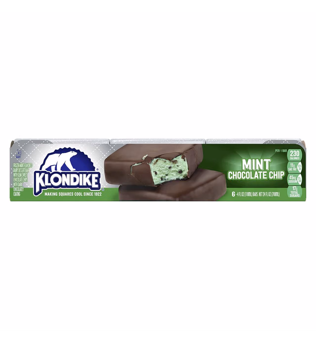 Klondike Frozen Dairy Dessert Bars for a Delicious Frozen Treat Mint Chocolate Chip Kosher Certified Frozen Dessert Made With No Artificial Growth Hormones 4 fl oz 6 Count