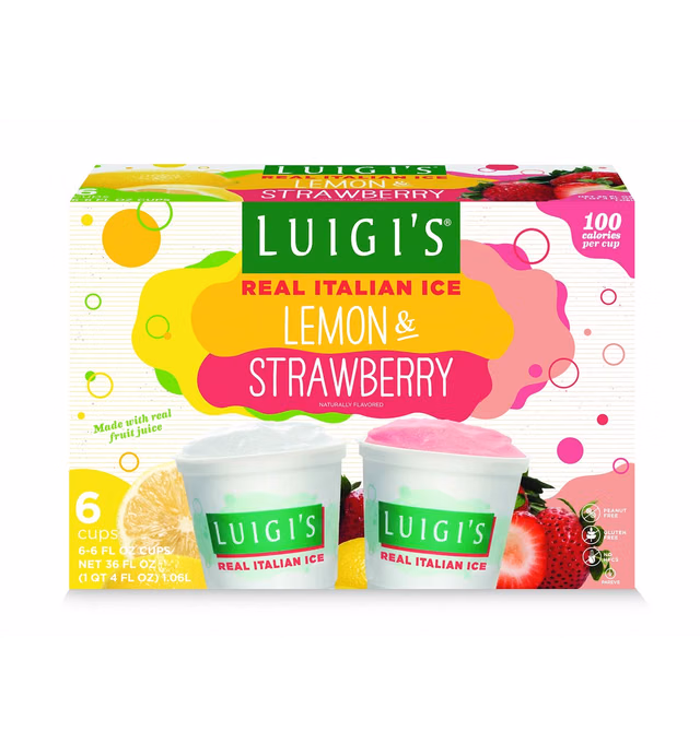 Luigi's Real Italian Ice, Lemon and Strawberry Variety Pack, 6 Ounce, 6 Count (Frozen)