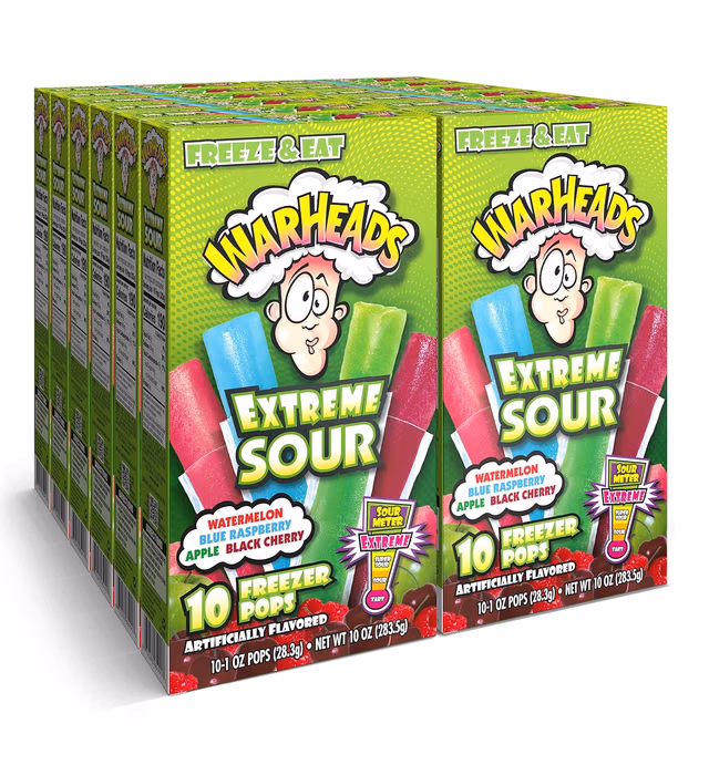 Warheads, Fat Free Freezer Pops, Assorted Flavors, Extreme Sour ,12 Boxes,10 - 1 oz pops per box,1 Ounce (Pack of 120)