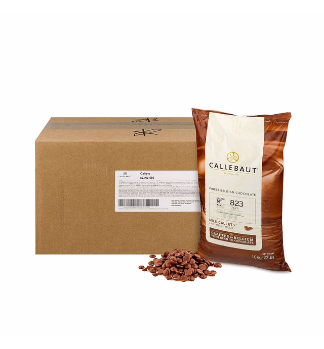 Callebaut 823 Milk Chocolate Callets - 22 LBS Belgian Baking Chocolate Callets - Min 30.2% Cocoa butter, 4.9% fat free cocoa, 6% Milk fat, 15.8% Fat free milk - Recipe 823NV-595 - 22 Lbs (10 kg)