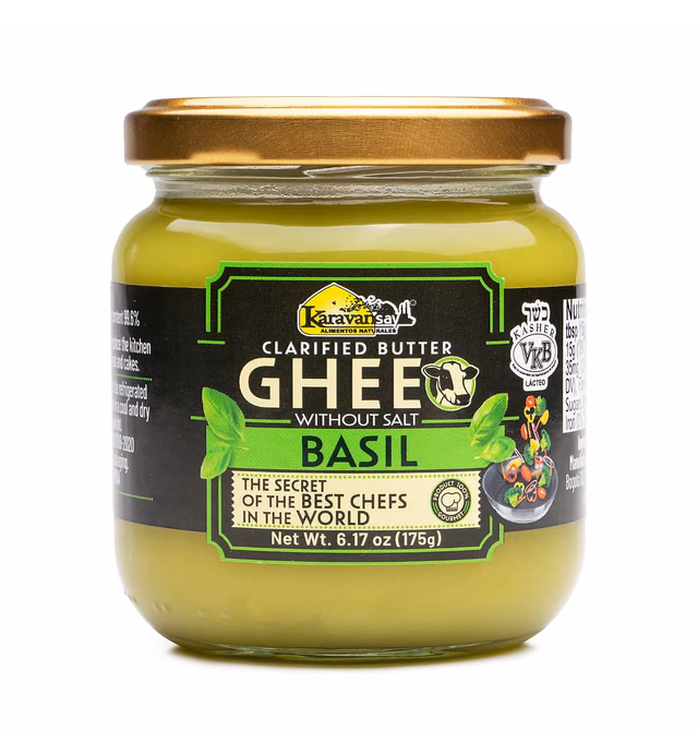 Clarified GHEE Butter Unsalted,natural BASIL flavor, Kosher, Keto Friendly, gluten free, glass jar x 6,17 oz, tastes amazing, rich flavor, 100% natural, KARAVANSAY Alimentos Naturales,
