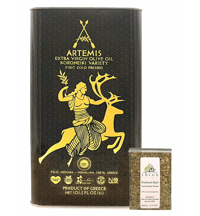 Artemis, Greek Extra Virgin Olive Oil (EVOO), Non-GMO, Premium Koroneiki Variety, First Cold Pressed, P.D.O. Messara Crete, Greece (3 Liter)101.5 Fl oz+Includes-Free Basil from Rhino Fine Foods .071oz