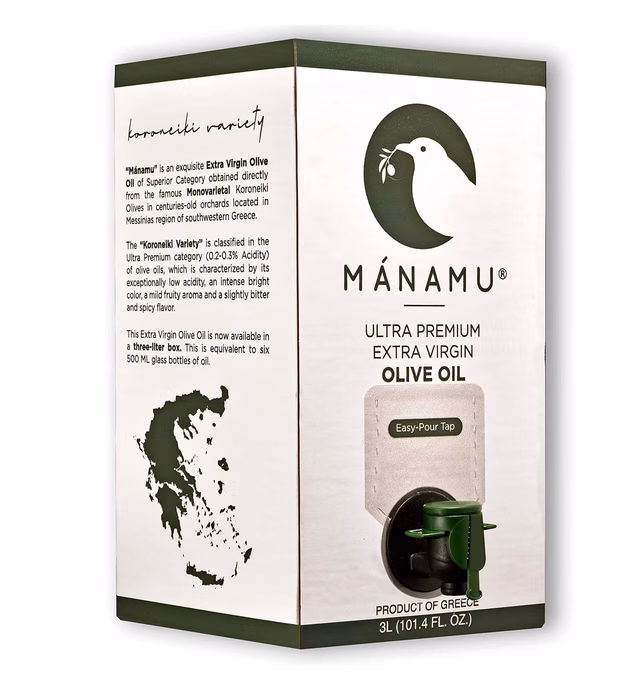 Mánamu Ultra Premium MONOVARIETAL Extra Virgin Olive Oil · Bag-in-Box 3L · 100% Made With Pure GREEK Koroneiki Olives · 100% PURE Cold Pressed · 101.4 Fl Oz (3L)