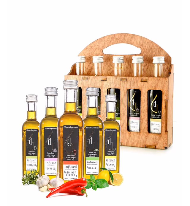 Organic Herbs Infused Greek Extra Virgin Olive Oil, 5 flavors - Basil, Lemon, Garlic, Red Pepper, Oregano in French Glass Bottles, Finishing Oil, Perfect Wooden Gift Set, 50 ml (1.69 oz) each