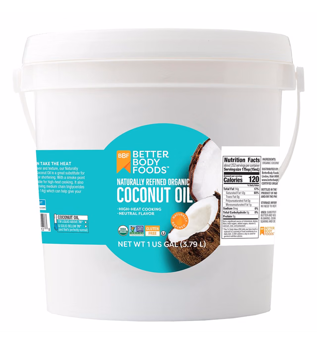 BetterBody Foods Naturally Refined Organic Coconut Oil with Neutral Flavor and Aroma, Non-GMO, Cooking Oil, 1 Gallon