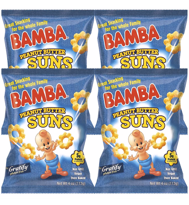 Bamba Peanut Butter Suns Snacks for the Whole Family - All Natural Peanut Butter Corn Puffs Snacks (4 pack - 4oz Bags) - Made with 4 Simple Ingredients