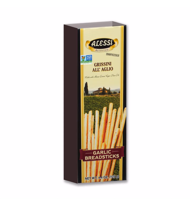Alessi Imported Breadsticks, Garlic Autentico Italian Crispy Bread Sticks, Low Fat Made with Extra Virgin Olive Oil, 4.4oz (Garlic, 4.4 Ounce (Pack of 10))