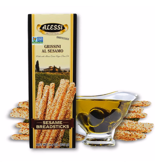 Alessi Imported Breadsticks, Sesame Autentico Italian Crispy Bread Sticks, Low Fat Made with Extra Virgin Olive Oil, 4.4oz (Sesame, 4.4 Ounce (Pack of 12))