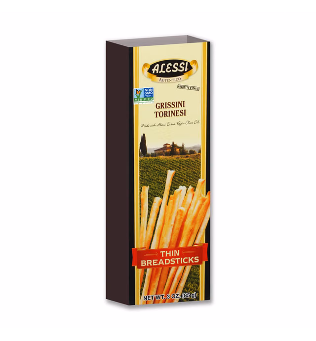 Alessi Imported Breadsticks, Thin Autentico Italian Crispy Bread Sticks, Low Fat Made with Extra Virgin Olive Oil, 3oz (Thin, 3 Ounce (Pack of 12))